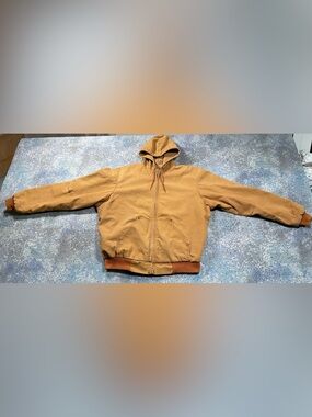 Vintage KEY Tan Duck Canvas Hooded Work Jacket Distressed Workwear USA. XL Long